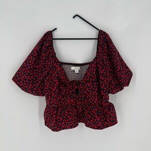 Band Of The Free Strawberry Printed Puff Sleeve Peasant Tie Front Crop Blouse